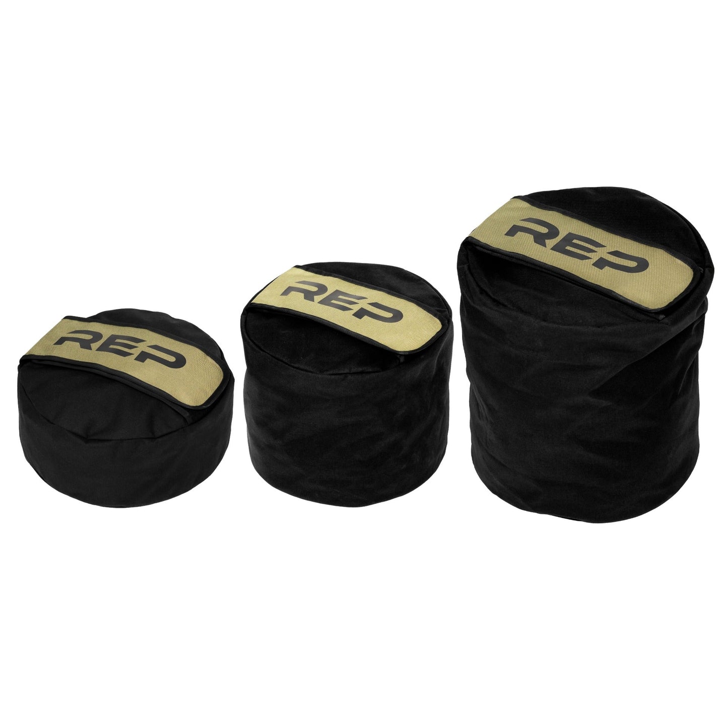 black and green stone sandbag set with rep branding, 50lb, 100lb, and 150lb