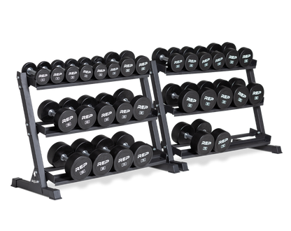 5-75lb Urethane Dumbbell Set stored on two REP Dumbbell Racks.