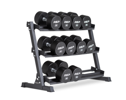 80-100lb Urethane Dumbbell Set stored on a REP Dumbbell Rack.