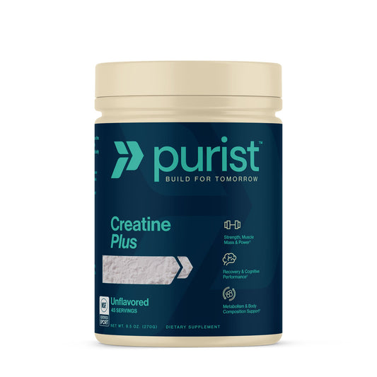 Purist Creatine Plus unflavored supplement container on a white background