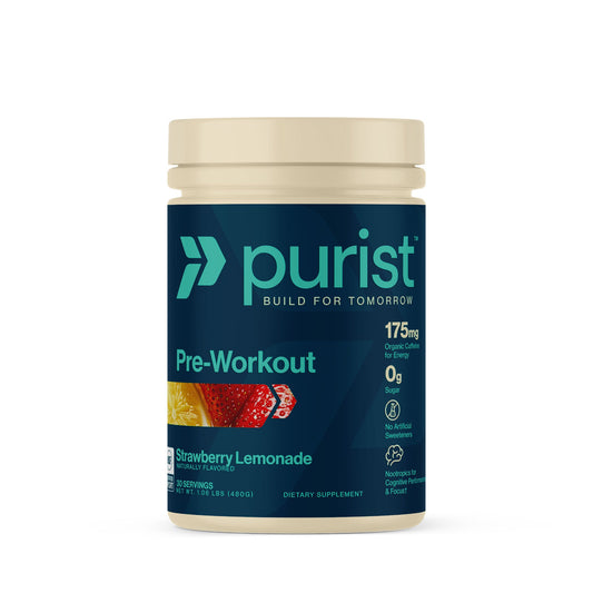 Purist® Pre-workout Strawberry Lemonade supplement container with 'purist' branding on a white background