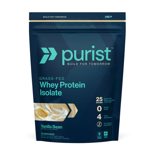 Purist® grass-fed whey protein isolate vanilla bean package on a white background