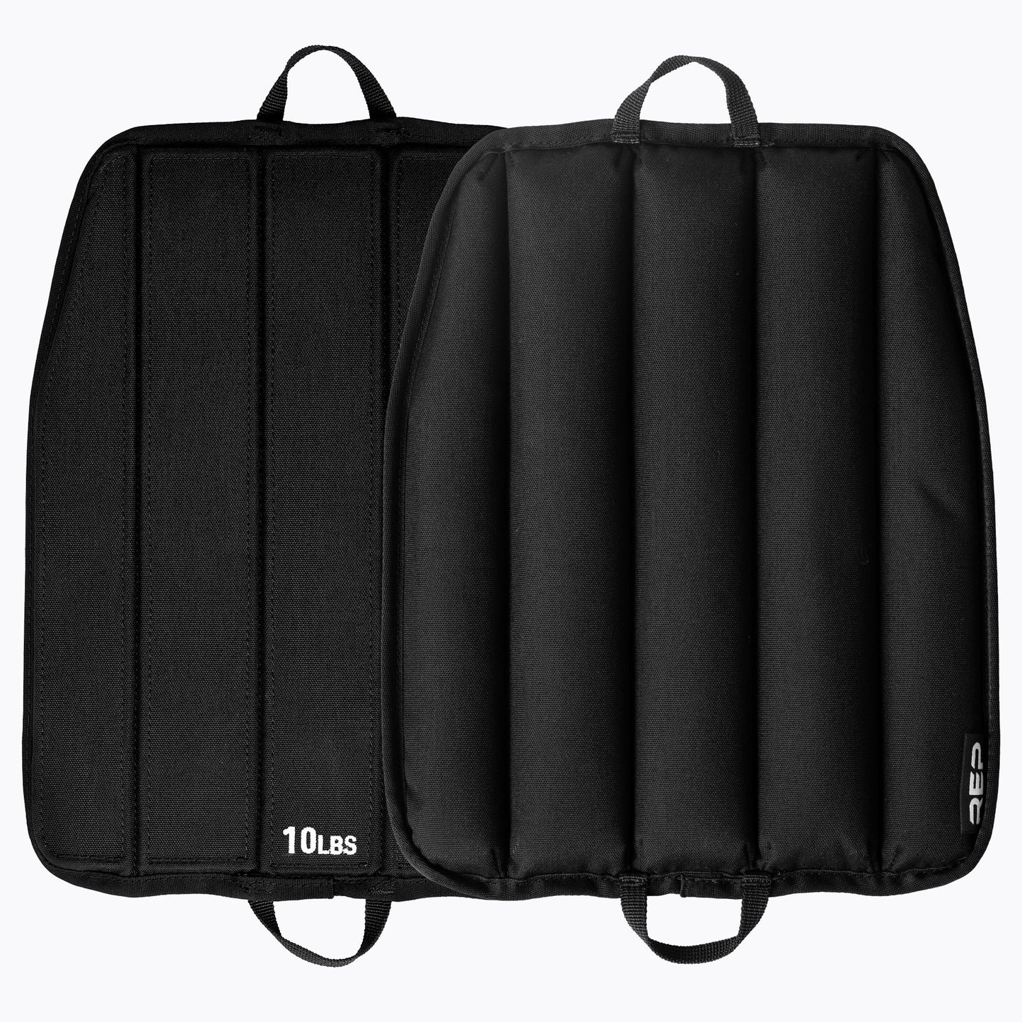 Black soft weight vest plates with '10 lbs' label on a white background