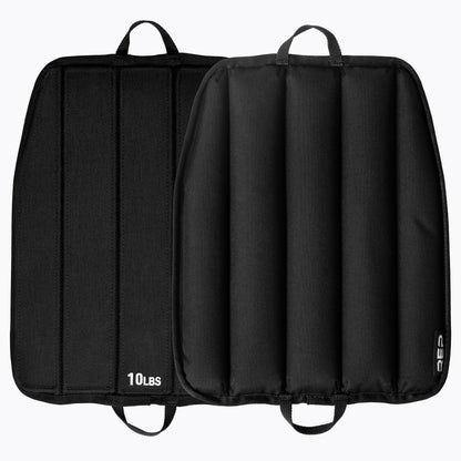 Black soft weight vest plates with '10 lbs' label on a white background