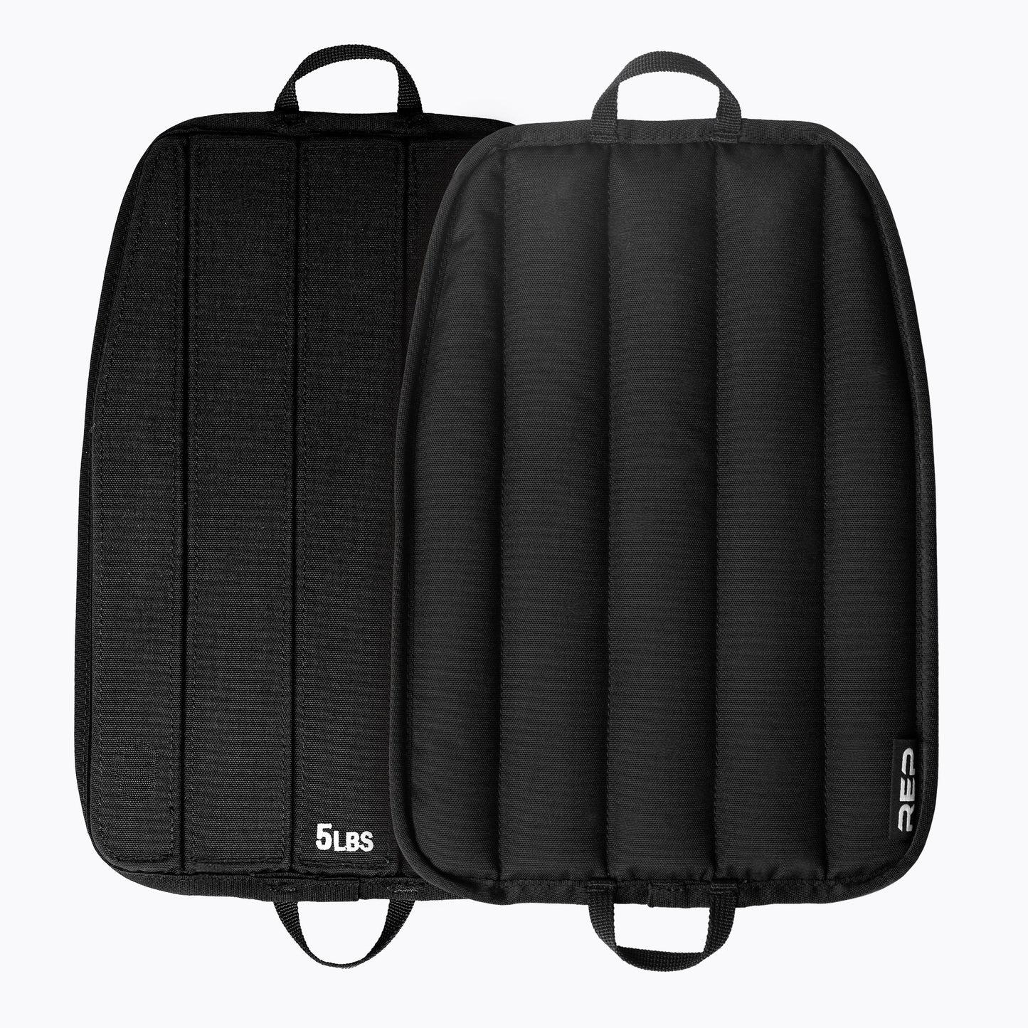 Black soft weight vest plates with '5 lbs' marking on a white background