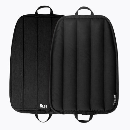 Black soft weight vest plates with '5 lbs' marking on a white background