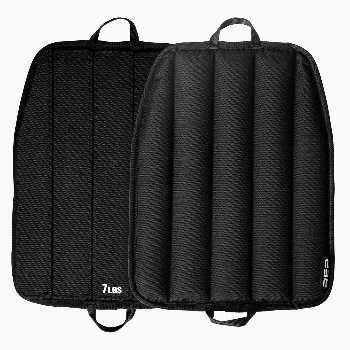 Black soft weight vest plates with a visible brand logo on a white background